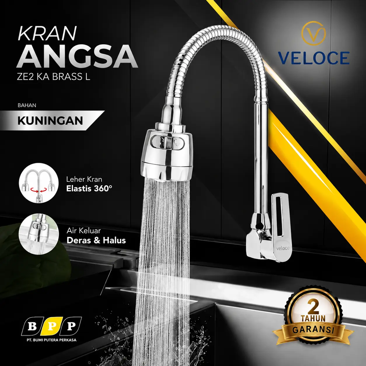 Kran Angsa Fleksibel Tembok Wastafel Bak Cuci Piring STAINLESS Kuningan VELOCE | Keran Sink Angsa Fleksibel STAINLESS | 2090