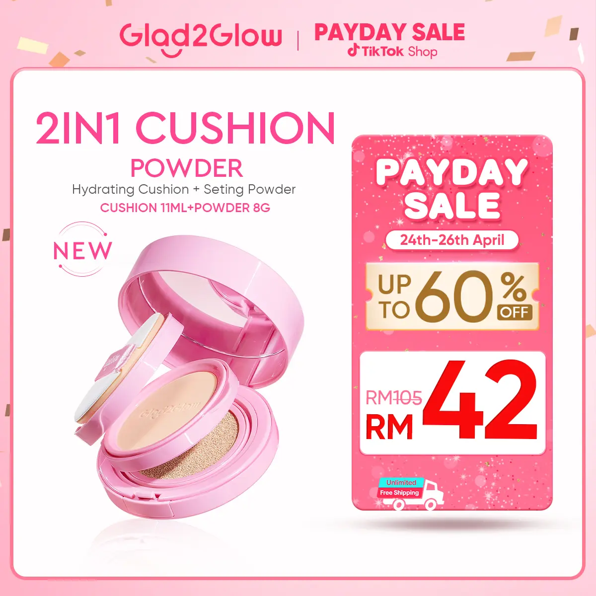 [NEW]Glad2Glow 2IN1 Perfect Pair Cushion Powder Hydrating Cushion + Setting Powder Matte Shine Free Up To 8h portable One step makeup