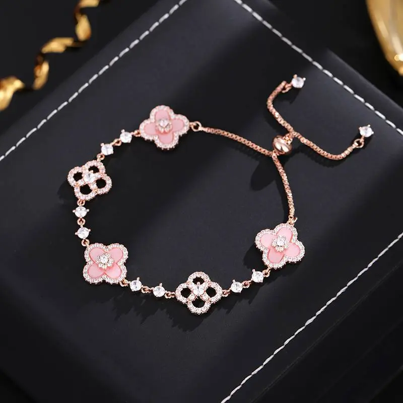 Flower electroplated zircon pink bracelet for women