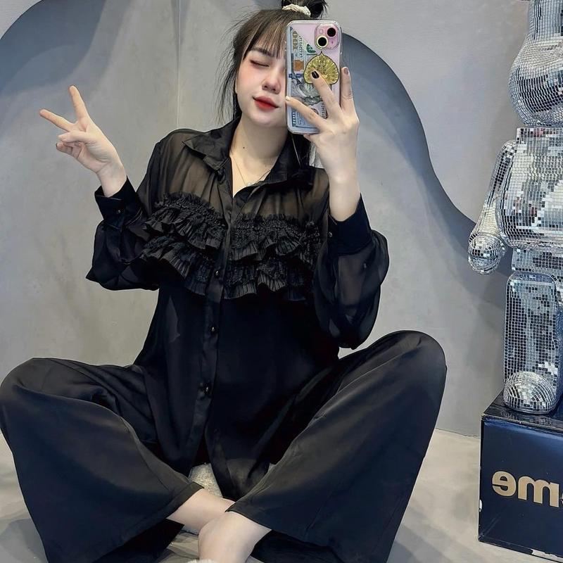 (MĐB)_Bộ đồ ngủ nữ tay dài voan có lót trong quần lụa latin freesize 40-60kg setdomac nhaxinh