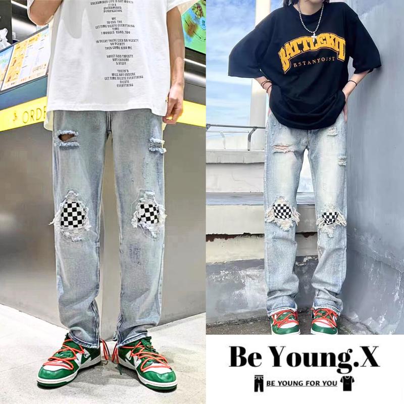 BE YOUNG.X-Quần Jean Rách Gối Thời Trang Cho Nam Nữ ,Quần Jean zipper rách gối hiphop quần jean skinny nam thời trang Menswear Pants Denim Có Túi