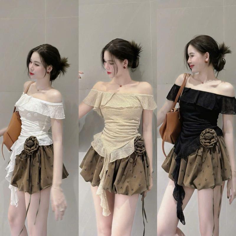   New Sét   Áo + Chân Váy   áo thun trễ vai 2 lớp viền bèo Tone Màu Hot Hit sang chảnh Mix Chân váy phồng Đính Hoa cuộn tôn dáng Đi chơi Dự tiệc  - Dành Cho Nữ + TOP WOMEN "lisa dress" 