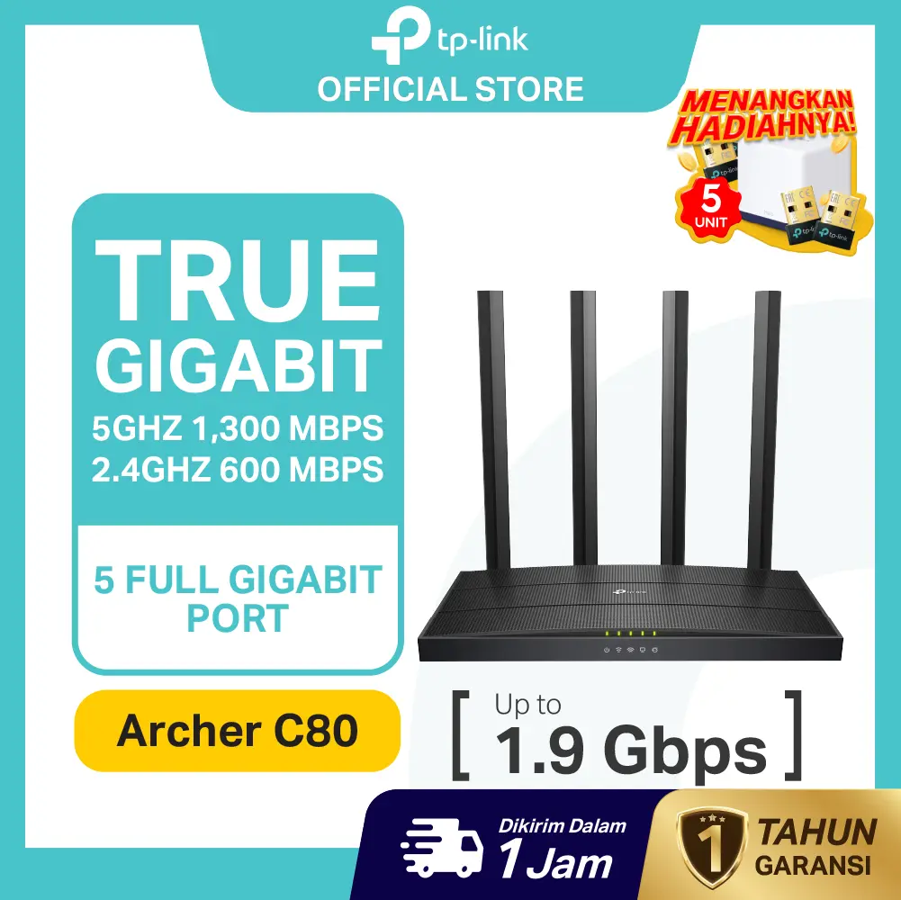 TP-Link | Archer C80 | Router Wifi | AC1900 | Wifi 5 | Dual Band | Gigabit | Router Rumah | Internet Cepat | Wireless Router | Beamforming | 4 Antena Eksternal | Original | Garansi Resmi | Ready Stock | Baru | Promo | Murah