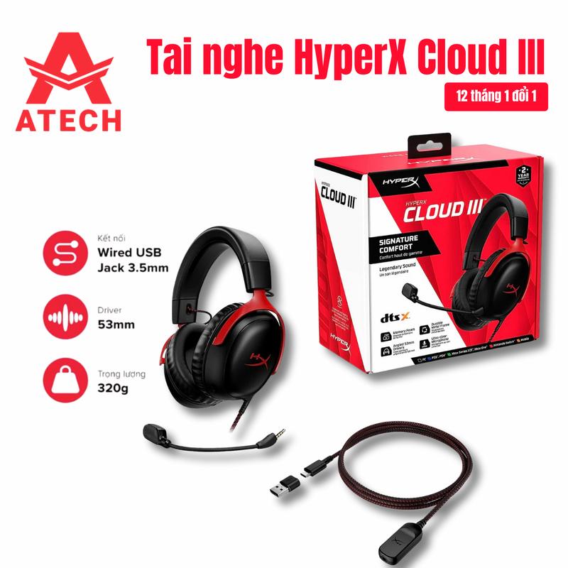 Tai nghe HyperX Cloud III | Atech Bảo hành lỗi 1 đổi 1 12 tháng có mic lọc ồn khử tiếng ồn tuyệt đối