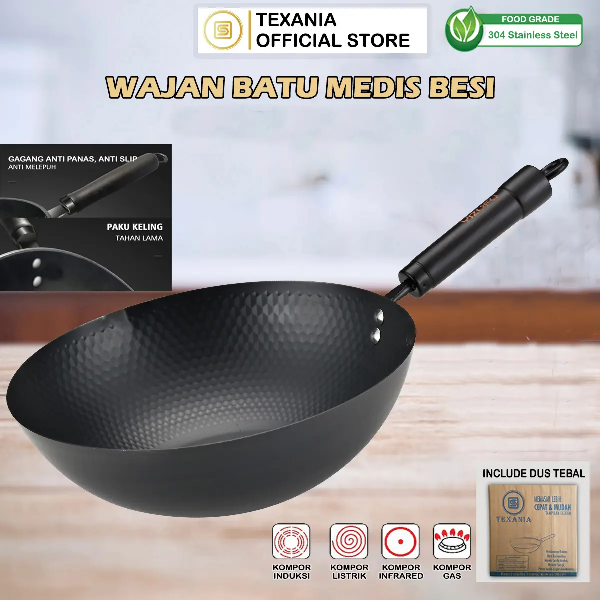 LIVE GUDANG TEXANIA Wajan besi / Wajan Penggorengan Anti Gores Tahan Lama Gagang Solid Dan Diameter 32cm Kitchenware