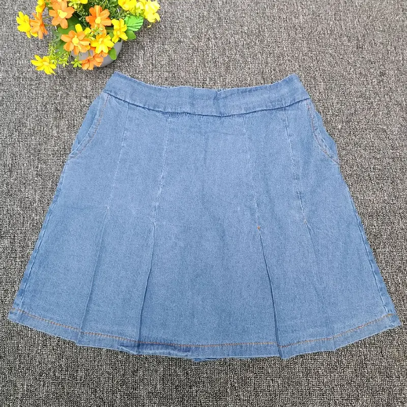 RCP-Rok celana pleated depan Rok belakang celana pinggang karet Santai Wanita Denim Jeans Biru Dewasa Nyaman Standar 2