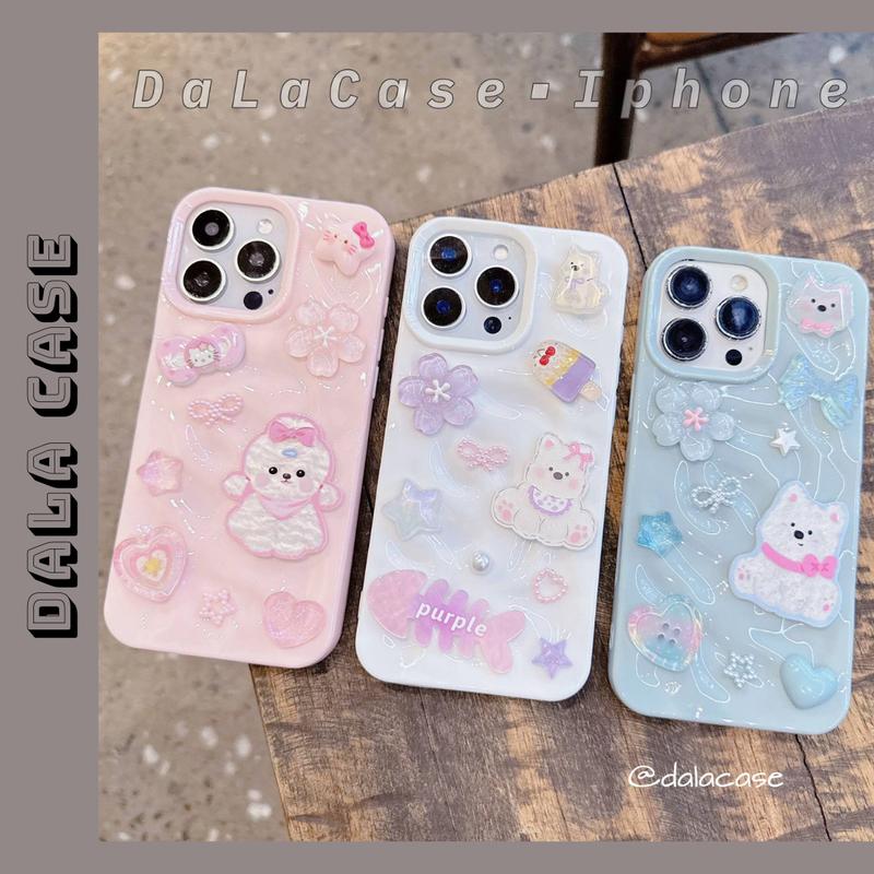  Ốp Lưng Sóng Màu Hồng Trắng Xanh Charm Cún Hoa 