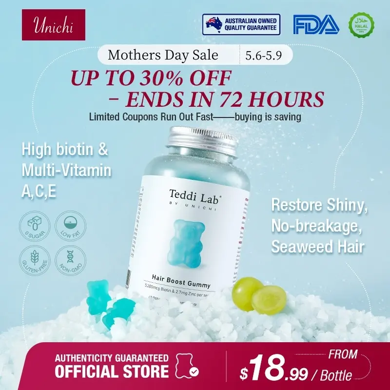 Unichi Blue Gummy for Hair Boost | Biotin & Zinc | Zero Sugar Low Fat | Vitamin A, C, E & Pantothenic Acid | Contain Beef Gelatin | 60 Count HALAL Bear Gummy Supplements