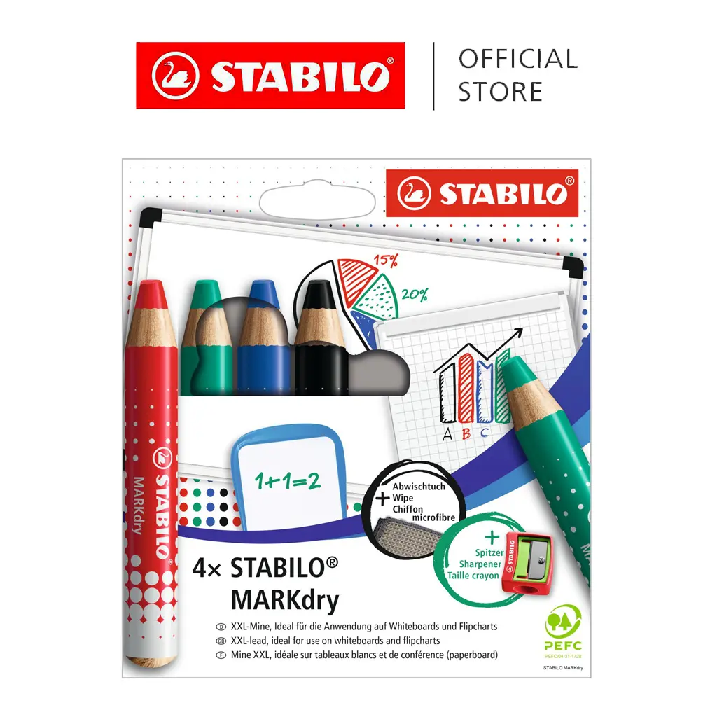 STABILO 4x MARKdry for whiteboard - Red, Green, Blue & Black + Free Wipe + Free Sharpener -  Washable, Safe & Non-Toxic