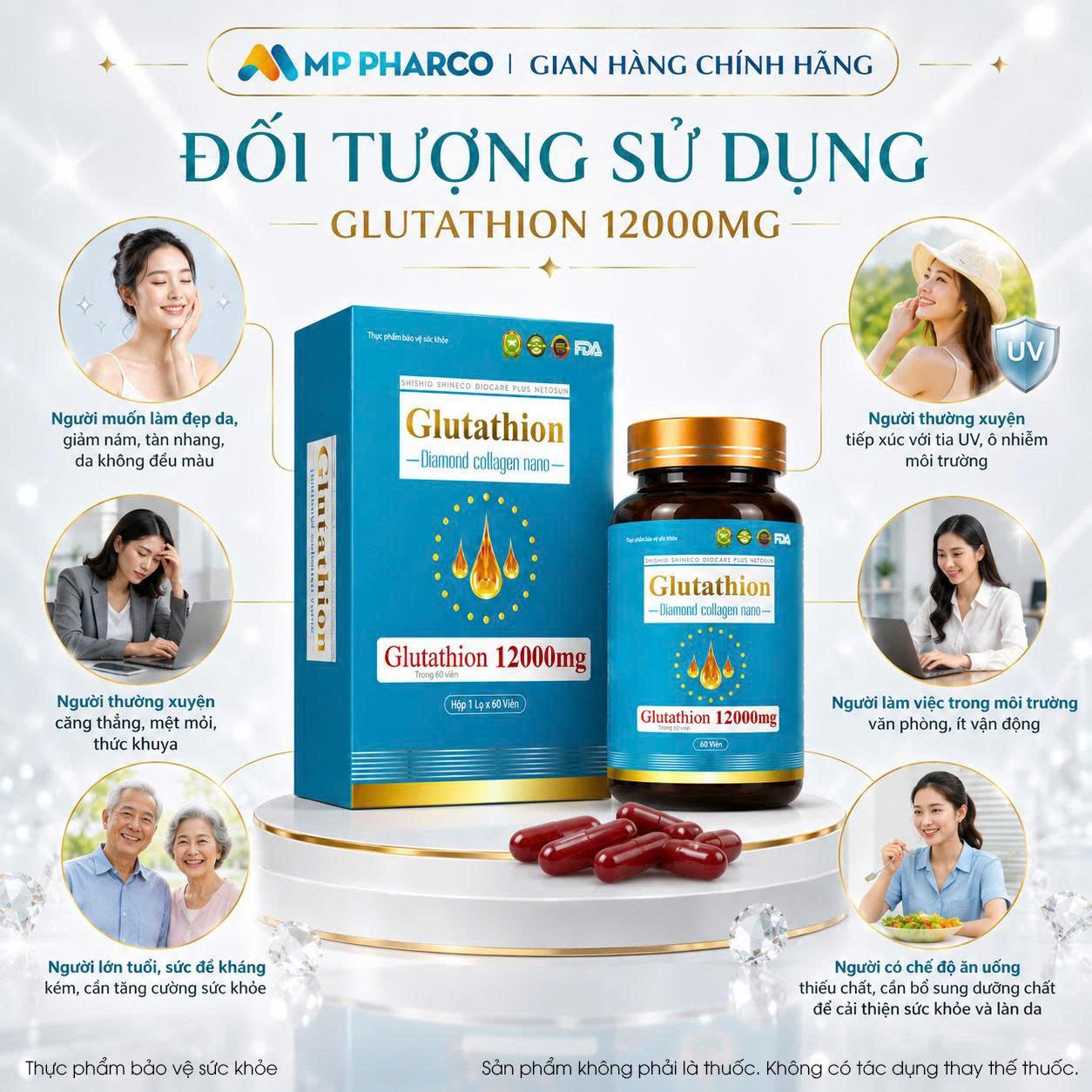Combo 3 hộp-TPBVSK Glutathion Diamond Collagen Nano 12000mg -Hỗ trợ sáng da làm đẹp da ,hộp 60 viên (MP14a)