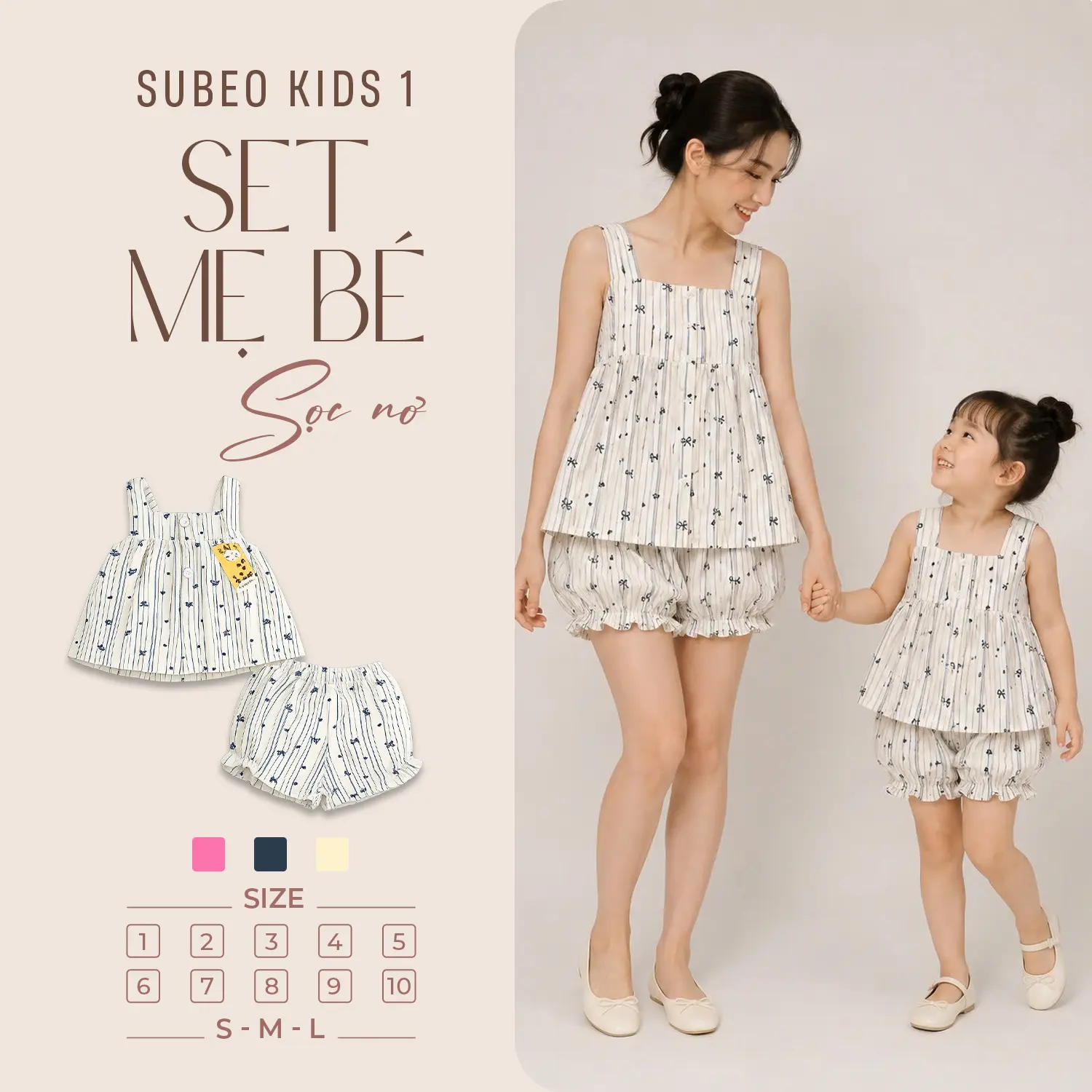Set Bộ Mẹ Bé Vintage Sọc Nơ Xinh – Áo Babydoll & Quần Bloomers Cho Bé, Chất Đũi Hàn Mềm Mại_SUBEO KIDS 1 - (MB 05-26)