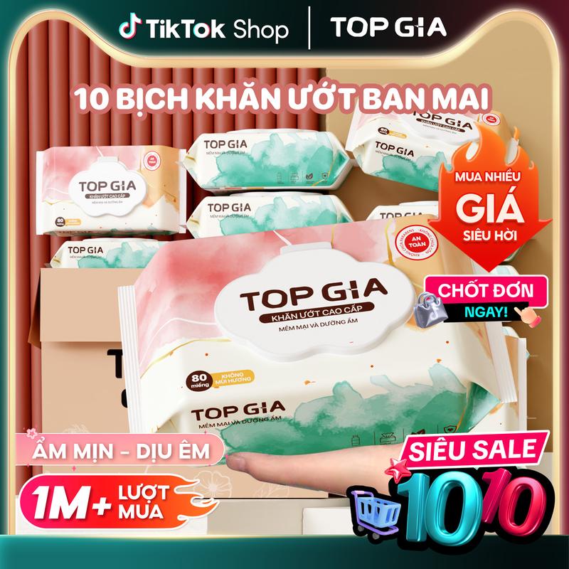 [HÀNG CHẤT LƯỢNG CAO] Thùng 10 Bịch Khăn ướt Cao cấp Ban Mai TopGia 80 tờ siêu mềm mịn không cồn không parabens sử dụng cho cả gia đình, khăn giấy khăn ăn tiện lợi (KU)