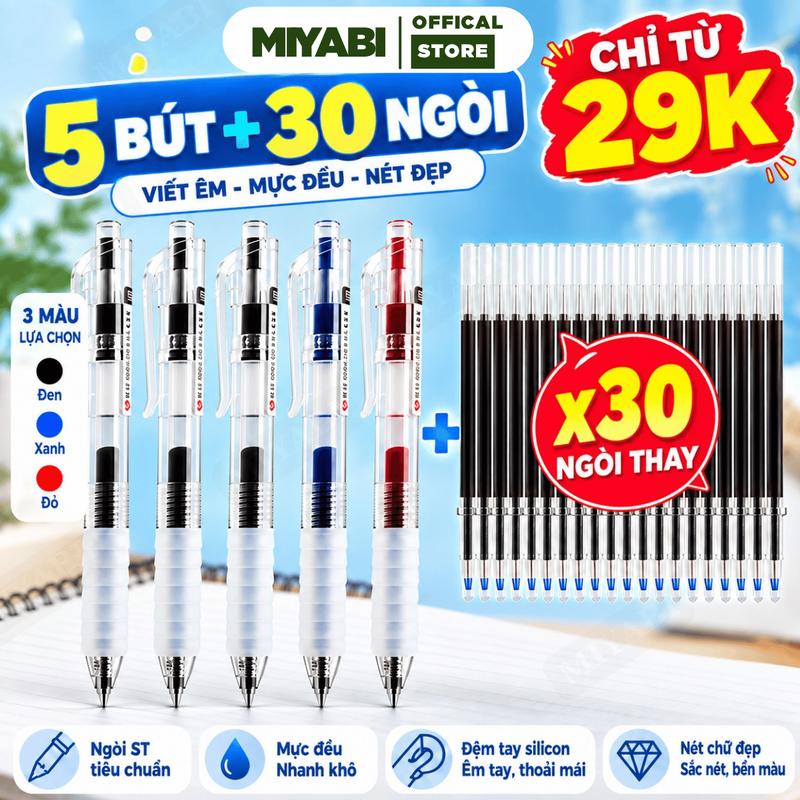 Combo 5 bút gel + 30 ngòi thay 0.5mm, bút gel xanh đen đỏ, bút bi nước viết êm mực đều nhanh khô, đệm tay silicon êm tay, bút học sinh sinh viên, bút văn phòng phẩm ghi chép