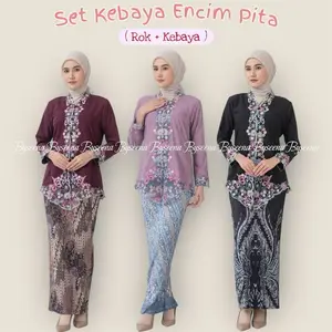 Byseena Set Kebaya Encim Bordir Warna Motif Bunga Pita Coquette Tangan Panjang Katun Premium Setelan Kebaya Encim Dewasa Bordir Modern Wanita