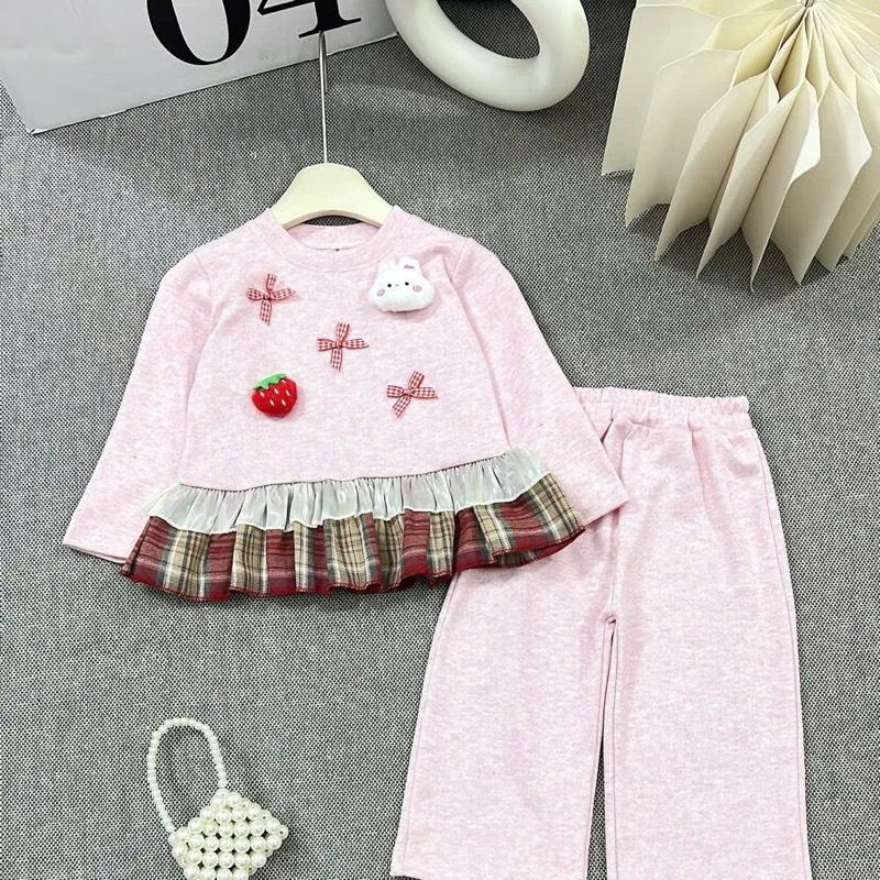  12-36kg bộ quần áo tăm lông thỏ dày dặn mềm cho bé gái vừa đi học đi chơi GẤU ÁO PHA KẺ ĐỎ 