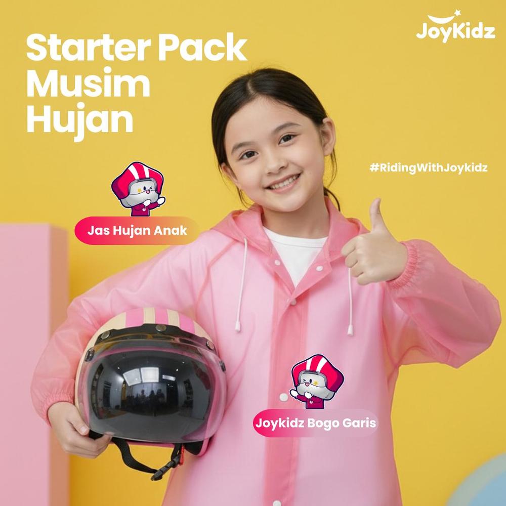 Joykidz - Combo Hemat Helm Bogo Anak Garis dan Jas Hujan Anak Eva - Cream Pink, KACA DATAR, PINK