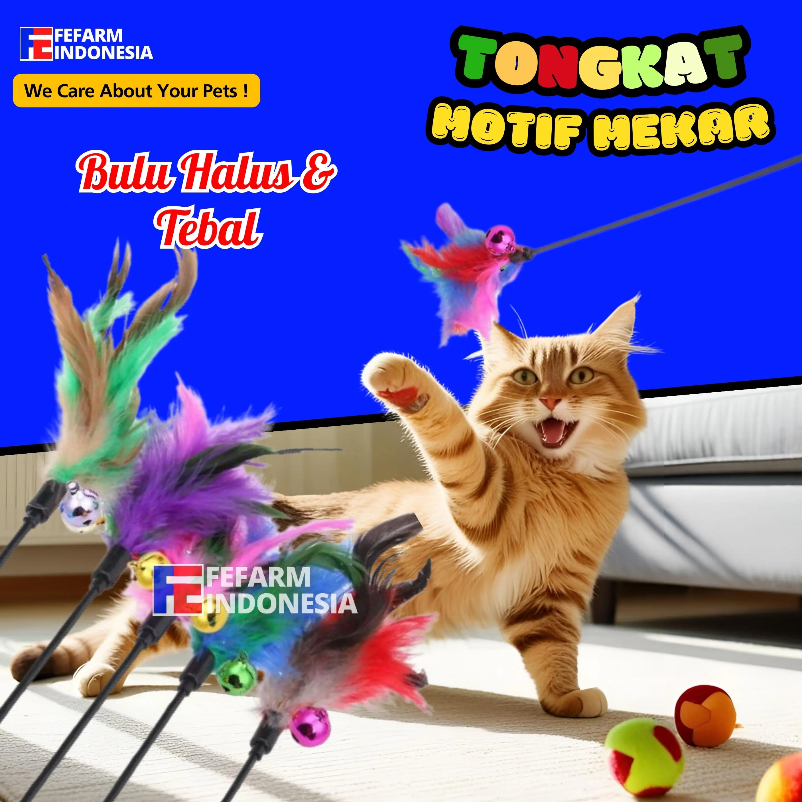 Mainan Kucing Tongkat Stik Bulu Mekar Warna Warni Lonceng Nyaring Plastik Tebal Tongkat Interaktif Lucu FEFARM