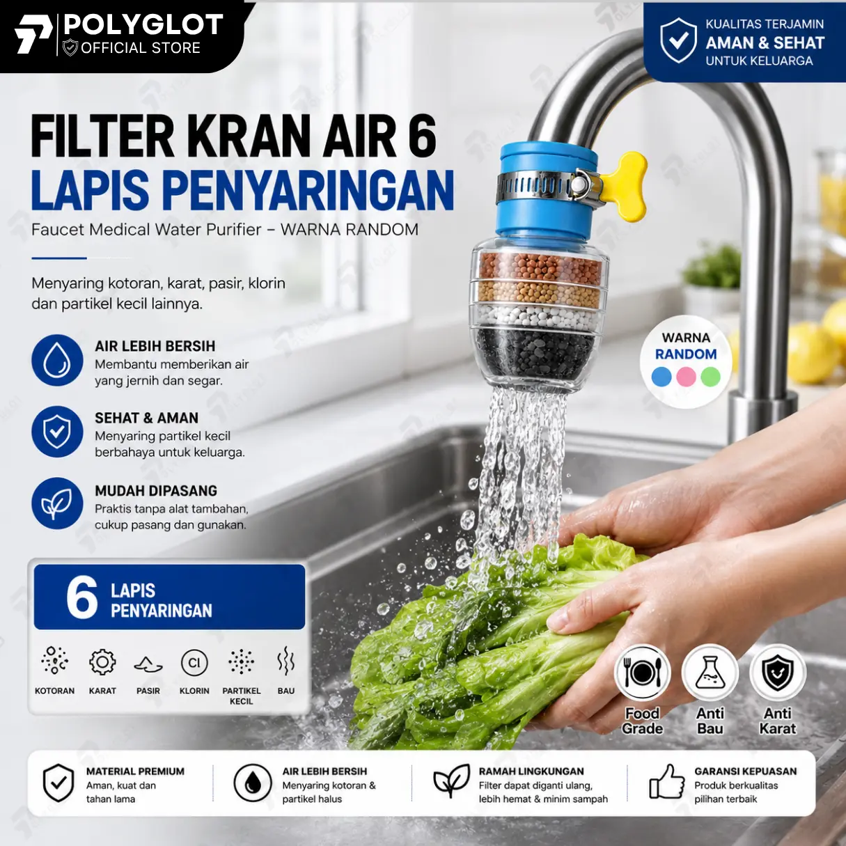 FILTER Kran Air Karbon Aktif 6-Layer | Saringan Wastafel Penyaring Air Kotor Rumah Tangga Premium