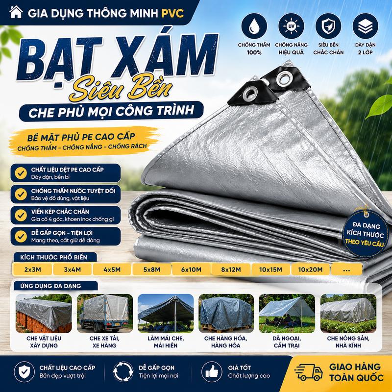 Bạt XÁM Che Nắng Che Mưa Loại Dày Chống Thấm Nước Kháng UV Đóng Khoen Sẵn