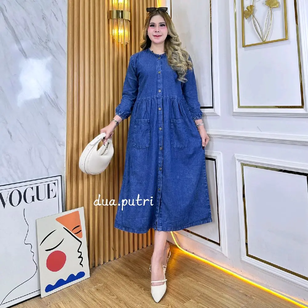 JUMBO naura midi dress jeans kancing aktif busui bumil saku bawah aktif