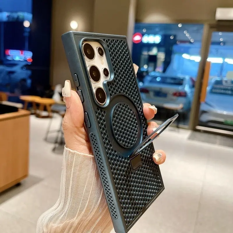 Luxury Hollow Hole Cooling Heat Dissipation Magnetic Bracket Phone Case For Samsung Galaxy S24 S23 S22 Ultra Plus S23 FE Wireless Charging Matter Shockproof Hard Back Cover