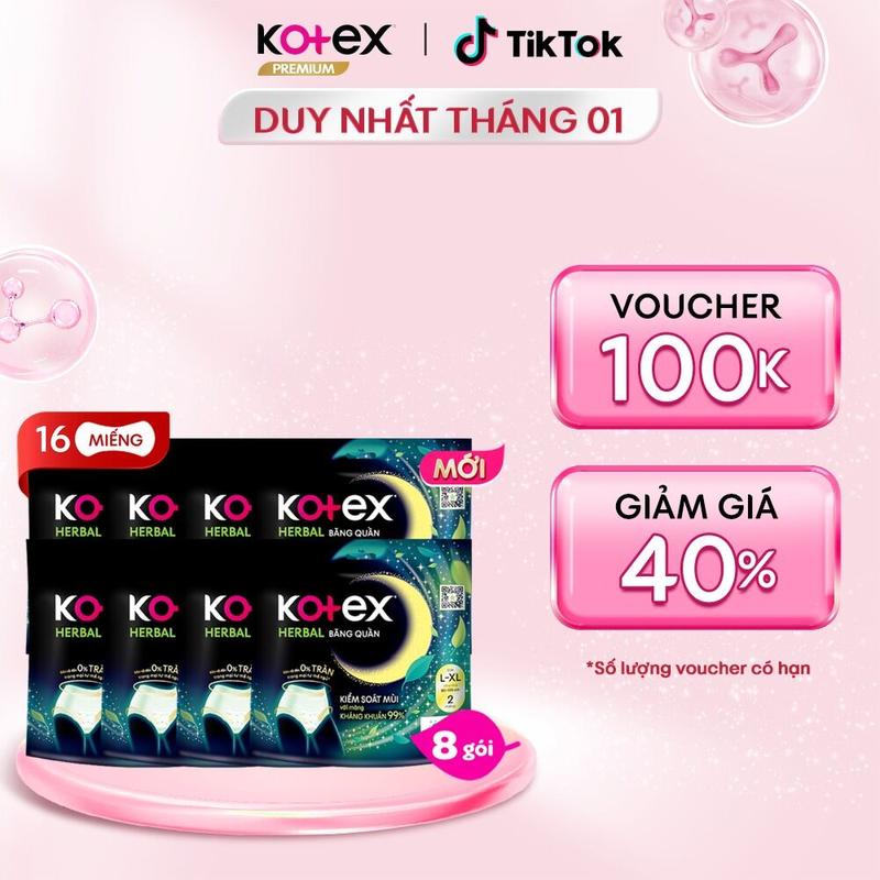 QUÀ TẶNG HOT 8 gói băng vệ sinh quần Kotex Herbal cỡ L XL chống tràn thấm hút tốt thoáng khí không lộ viền khử mùi kháng khuẩn 2 miếng gói phù hợp sử dụng ngày và đêm dành cho phụ nữ mang thai và sau sinh bvs kinh nguyệt nhiều tampon