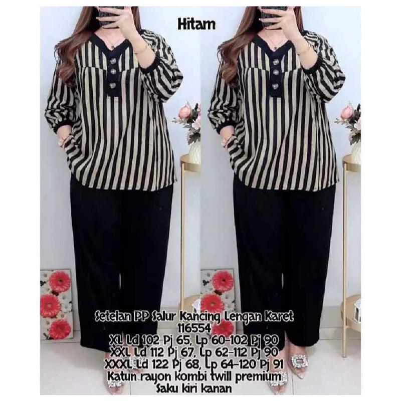 Setelan Motif Salur Jumbo LD 110 120 130CM XL XXL XXXL Bahan Katun Rayon Twill 116554 - Set Salur wanita - Lengan Panjang Karet - Celana 3
