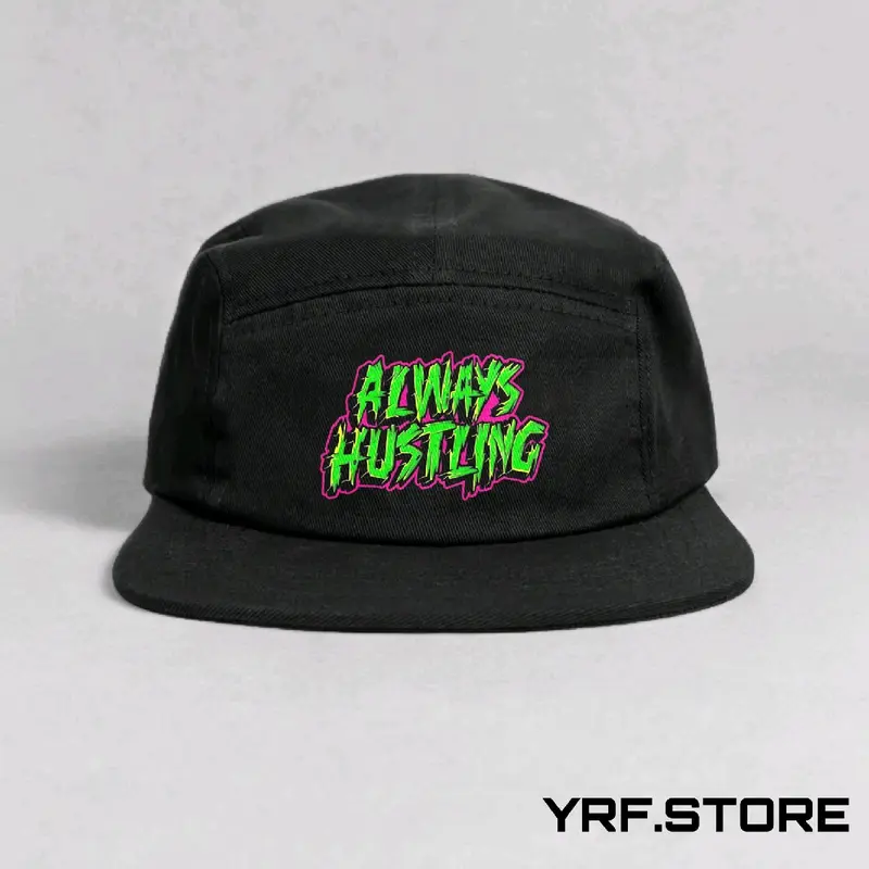 Topi Snapback 5 Panel YRF.STORE Warna Hitam dengan Logo Sablon Grafitti ALWAYS HUSTLING,Topi skena,topi skena outfit,five panel snapback,topi.sku12 3
