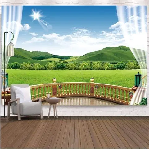 Jendela pemandangan liburan bergaya Eropa, kain latar belakang berukuran besar, hiasan dinding, permadani, mural tanaman kamar tidur samping tempat tidur, kain gantung