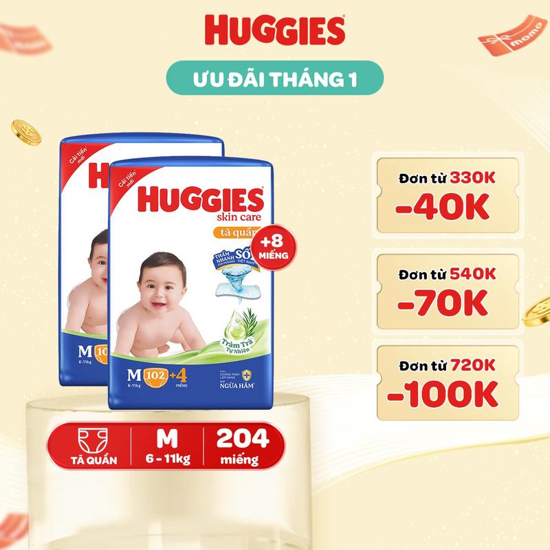 Độc quyền CP Combo 2 gói Tã bỉm quần Huggies Skincare Mega Jumbo với tràm trà dịu da Size M106 L96+8 XL84+4 XXL76+4