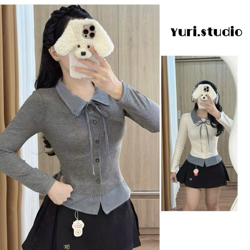   Mã Mới  - Áo Thun Nữ Dài Tay Phối Cổ Sơ Mi Đơn Giản Cá Tính Chất Len Lông Thỏ _ Yuri.studio 