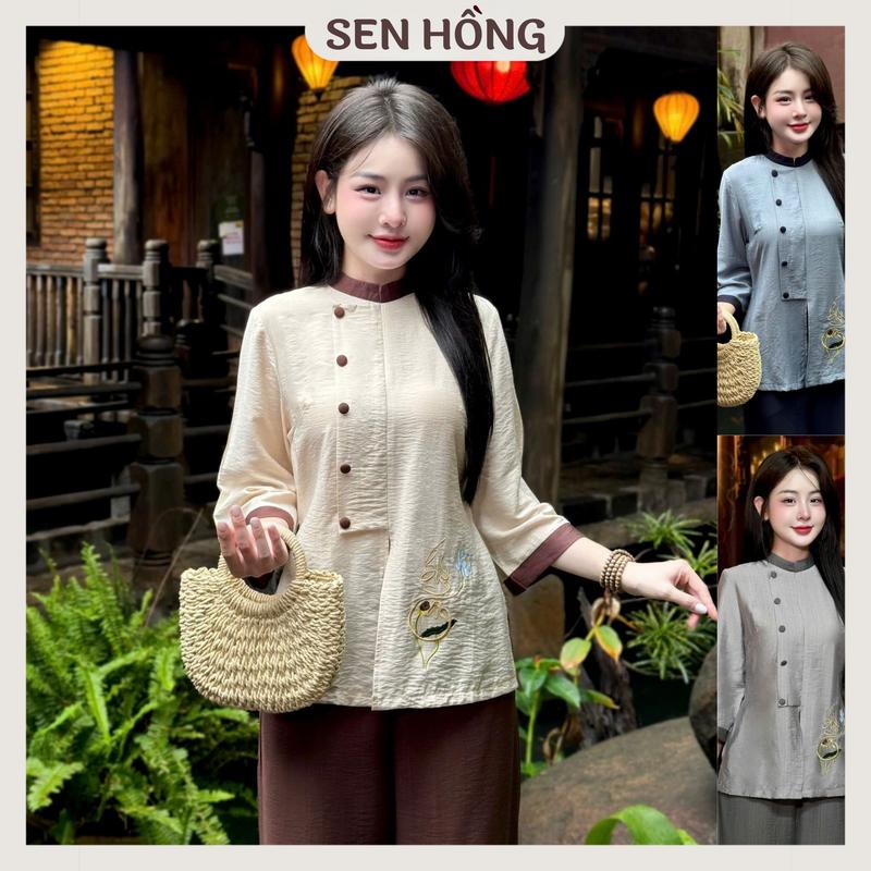 [SEN HỒNG] Set Đồ Lam Đi Chùa - Pháp Phục nữ Phật tử vải đũi tơ mềm nhẹ thêu hoa trang nhã G35