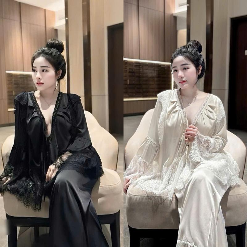 Thời Trang Nữ - Set đồ ngũ lụa satin phối ren dài form chuẩn hình cho nàng bận nhà màu đen và trắng sang trọng