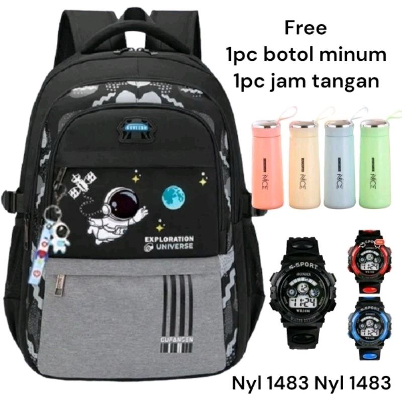 Tas ransel anak sekolah SD motif astronot gratis botol dan jam Tas Punggung sekolah 3