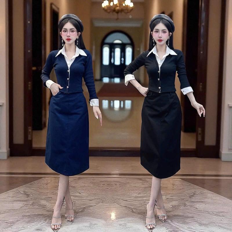 Set áo váy CRAZYTEEN S6351 gồm áo kiểu may liền cổ sơ mi và chân váy để đi chơi ( Áo tay dài/ Chân váy ) Set đồ sang chảnh