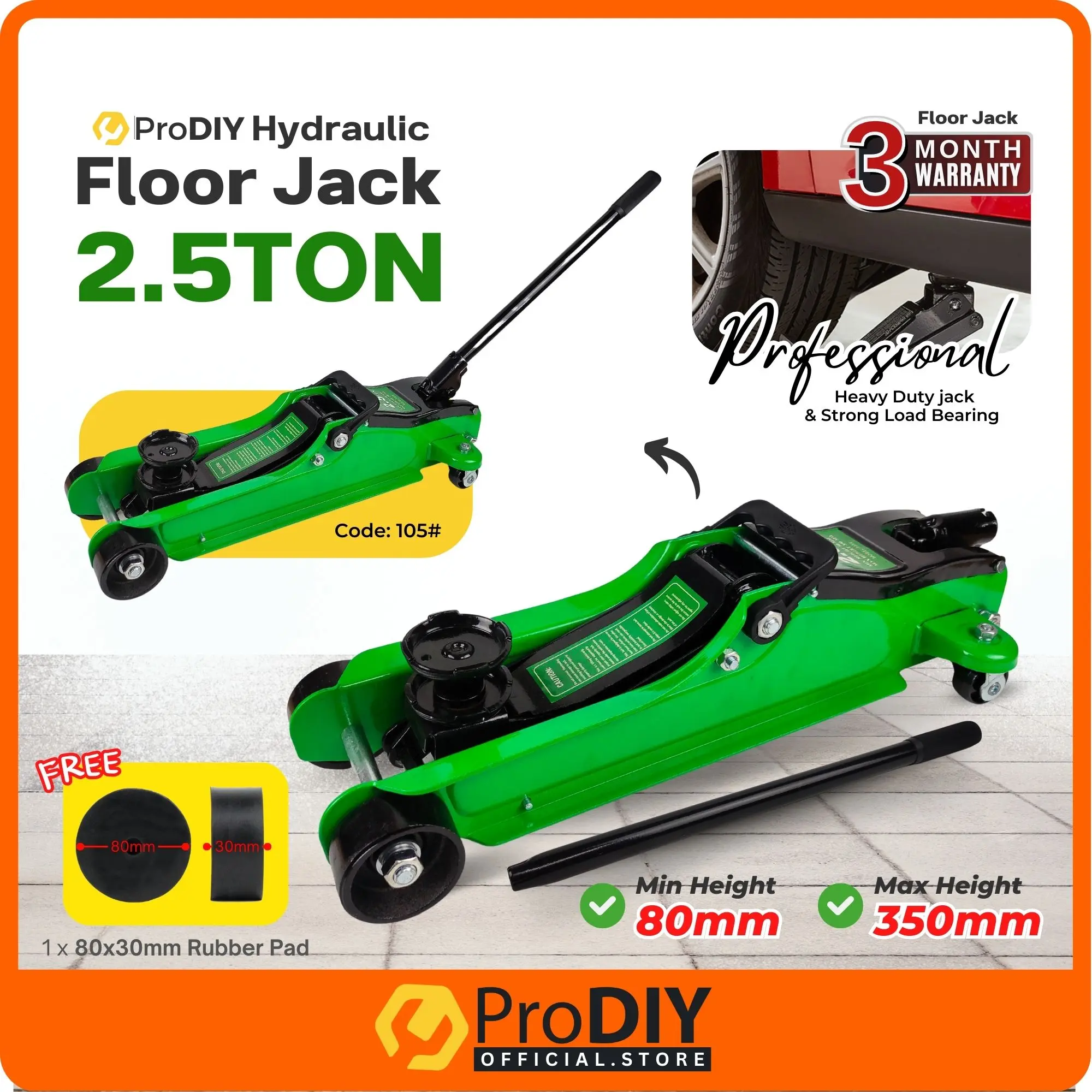 KUOKI 2.5 Ton Low Profile Floor Jack 85mm - 380mm Service For Auto Repair Tools Car Kereta 2.5ton ( Black / Grey )