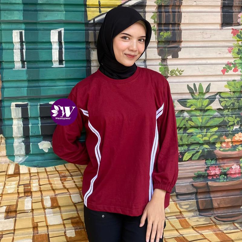 Kaos Blouse Strip Samping  Atasan Wanita Terbaru Sporty Lengan Panjang Karet Katun Kombed Premium Casual 1