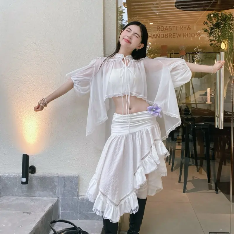[CÓ HÀNG] Áo Đạp Gió Váy Rẽ sóng - Áo bèo nhún sử dụng 3 mét vải voan bay cao cấp phối ren xịn xò
