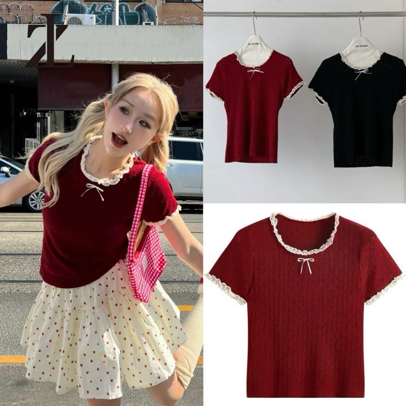 Áo len dệt kim tay ngắn phối nơ ren cổ mini