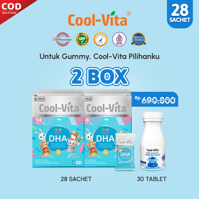 [EXCLUSIVE YUXI] 2 Box Coolvita DHA Gummy Buah Mix Apel, Mangga, dan Jeruk (Total 28 Gummy) + 1 Botol Calcium Chewable (Total 30 Tablet) | Suplemen Anak (Mulai 3 Tahun) dan Dewasa | Dukung Tumbuh Kembang Otak, Tulang & Gigi Secara Optimal 0