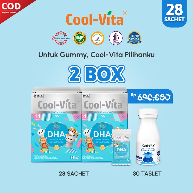 [EXCLUSIVE YUXI] 2 Box Coolvita DHA Gummy Buah Mix Apel, Mangga, dan Jeruk (Total 28 Gummy) + 1 Botol Calcium Chewable (Total 30 Tablet) | Suplemen Anak (Mulai 3 Tahun) dan Dewasa | Dukung Tumbuh Kembang Otak, Tulang & Gigi Secara Optimal 0