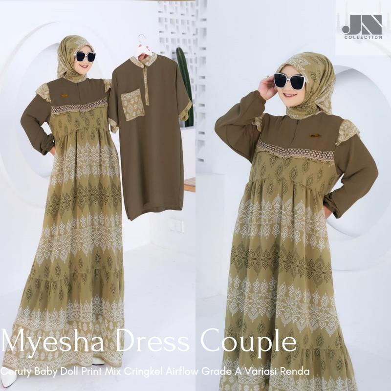 Gamis Sarimbit Myesha Dress Ceruty Print Mix Cringkel Airflow Grade A Variasi Renda FREE Hijab Segi Empat Mewah Elegan 3