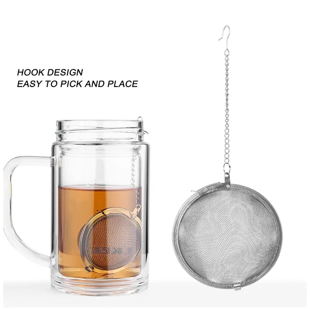 Filter Saringan Teh Reusable Tea/spice Infuser Strainer Bulat Stainles - Silver 50mm 70mm- Hook Design easy to pick