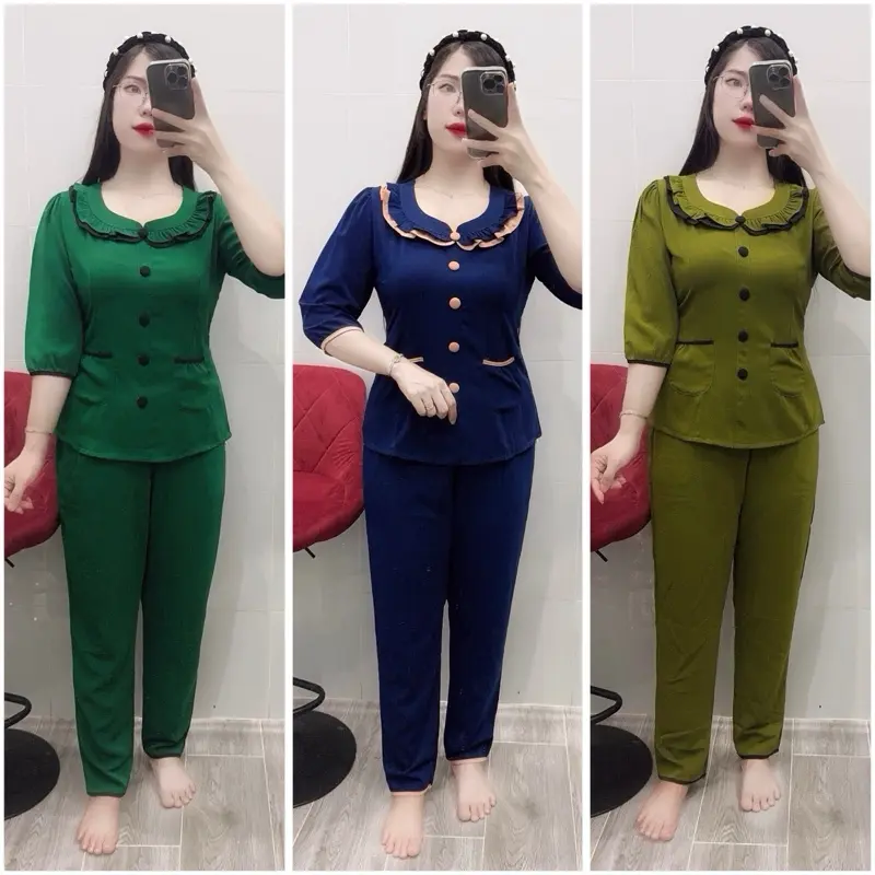 Đồ Bộ Nữ Áo Tay Lỡ Quần Dài, Vải Đũi Lạnh Mặc Mát, có Co Giãn, Nhiều Mầu Sắc Thanh Lịch Thích Hợp Cho Mọi Lứa Tuổi( Women) 1