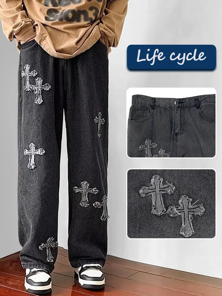 Life cycle Quần Bò Chữ Thập, Phong Cách Chắp Vá Cũ, Dành Cho Cặp Đôi, quần jeans Nam，quần jean Nam ống rộng suông，boy phố，rock revival chính hãng，custom，boyfriendjeans，xịn，cao cấp，bonkers，shiny Menswear