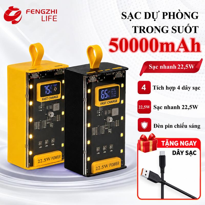 Pin Sạc Dự Phòng 50000MAH sạc nhanh PD22,5W trong suốt tích hợp 4 dây sạc tích hợp đèn led chiếu sáng
