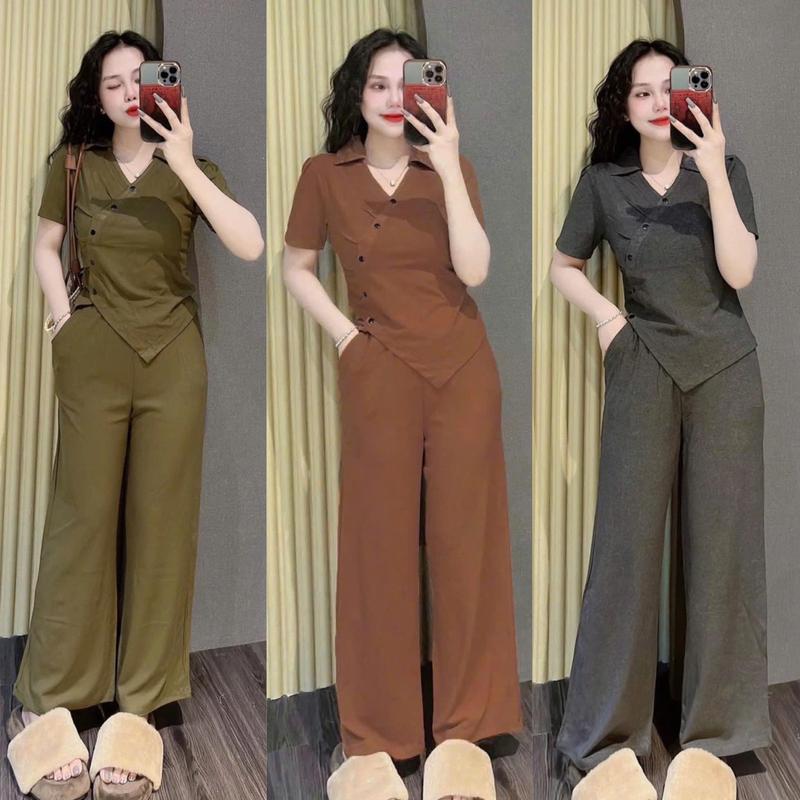 Set Bộ Nữ Thun Tăm Lạnh Quần Suông Áo Tay Ngắn Cổ Tim Phối Nút