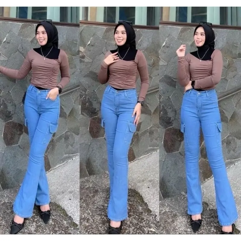 Celana Cargo Cutbray Stretch Highwaist Jeans Size27-34 Panjang Wanita Loose 8
