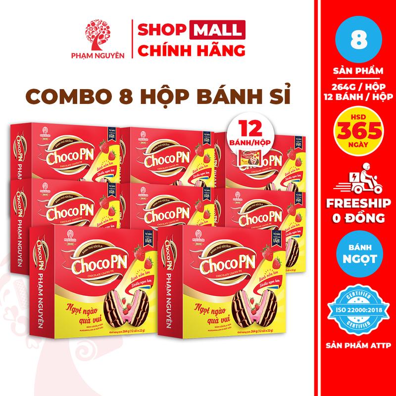 [BÁNH KẸO SỈ] Combo 8 Hộp Bánh phủ socola Choco PN Phạm Nguyên Dâu 264g | Bánh ăn vặt Socola | Đồ ăn vặt | Snack | Chocolate | Food | Sô Cô La | Thức Ăn