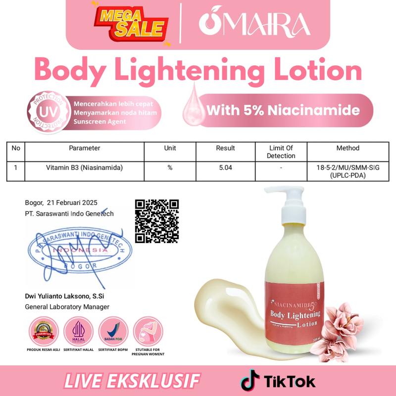 Omaira Lightening Lotion with 5% niacinamide + Sunscreen Agent | Membantu Mencerahkan Kulit Tubuh | Membantu melindungi dari paparan sinar UV | Membantu Melembabkan Kulit Tubuh | Membantu menyamarkan Bekas luka (BPOM dan HALAL) 1